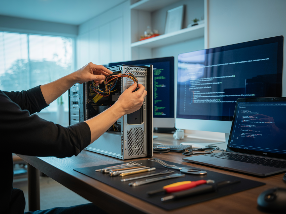 IT technician providing rapid response computer repair and remote support in a modern home office — NeuroWerx, Los Angeles & Orange County.