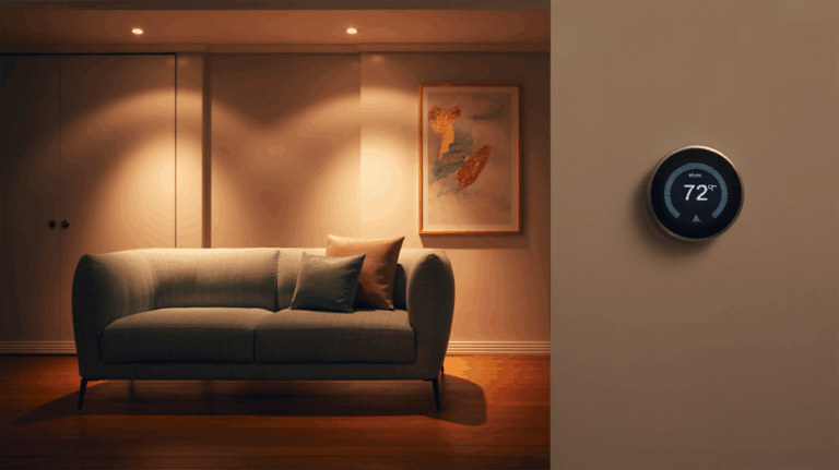 Smart thermostat providing energy savings in a modern living room - NeuroWerx home automation for energy savings in Los Angeles and Orange County