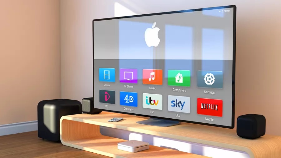Smart TV with streaming apps setup on a modern media console.