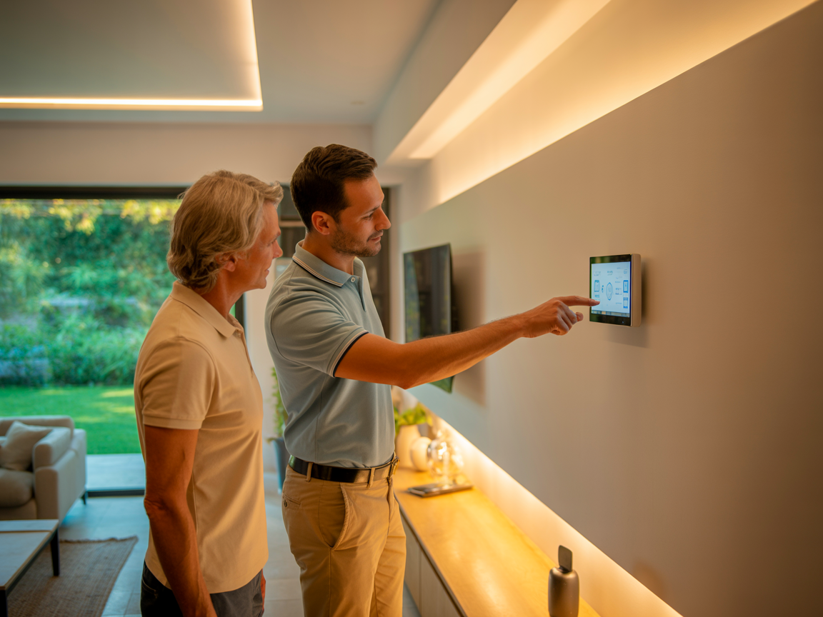 NeuroWorks assisting a customer with smart office technology setup in a modern home office, providing professional IT support services in Los Angeles and Orange County.
