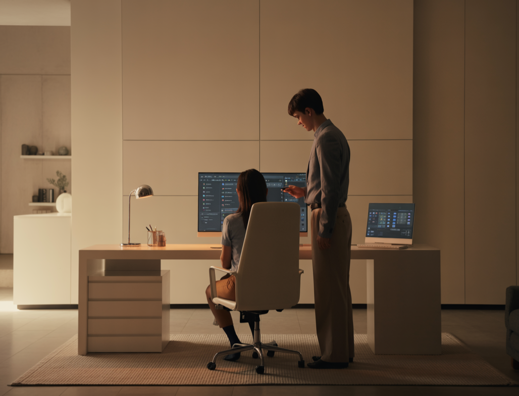 IT technician assisting a homeowner at a dual-monitor workstation in a modern home office – NeuroWerx home office technology support in Los Angeles and Orange County.