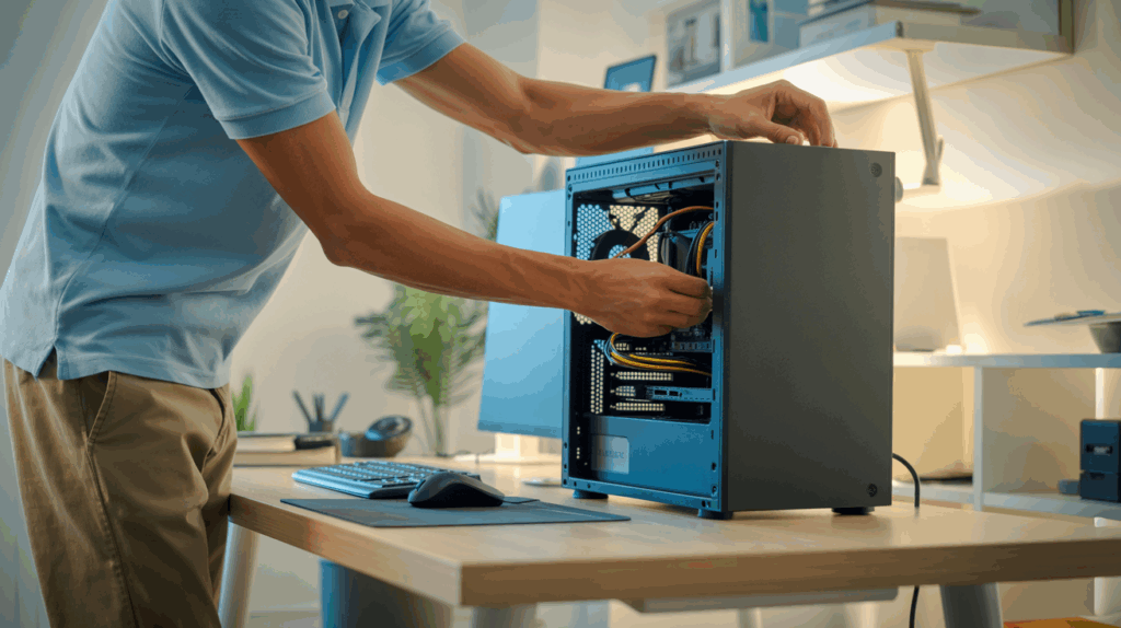 Technician performing desktop computer repair and hardware support in home office