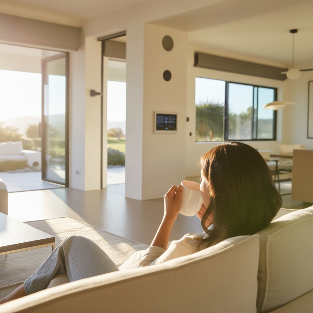 Woman relaxing with morning coffee in modern smart home living room with automated lighting and climate control in Long Beach California