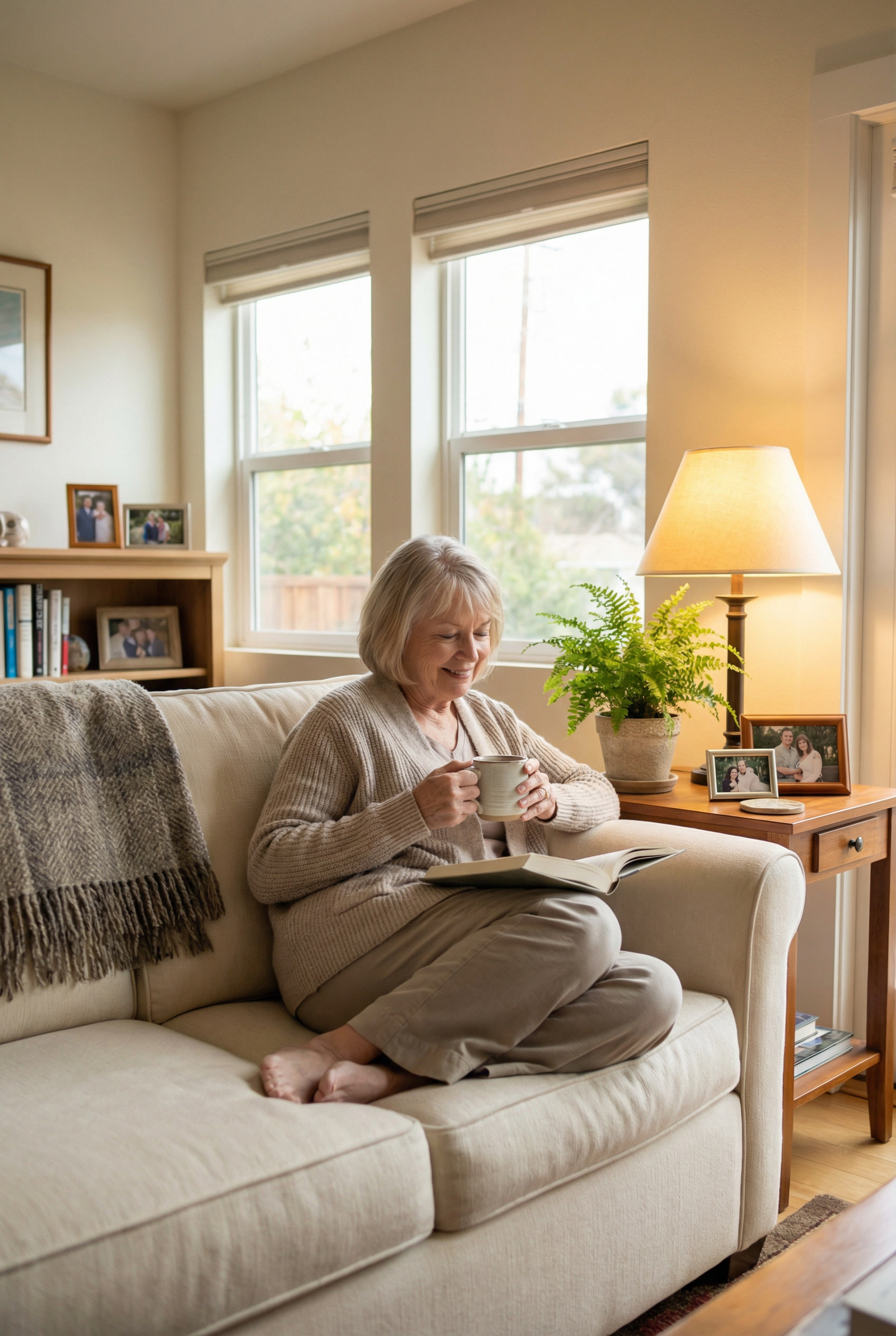 Senior woman reading comfortably at home with aging-in-place smart home technology installed by NeuroWerx Long Beach Orange County Los Angeles California