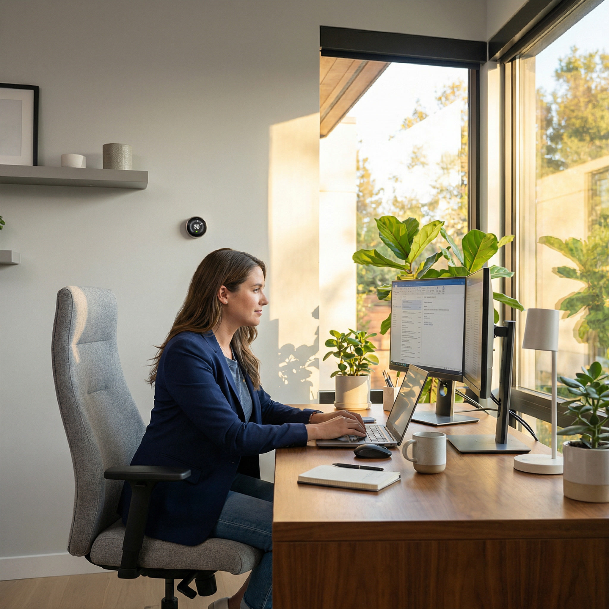 Professional woman working from home at desk with smart thermostat climate control and natural lighting installed by NeuroWerx Long Beach Orange County Los Angeles California