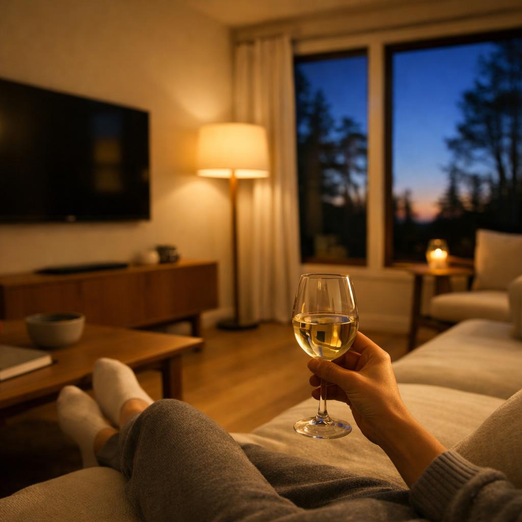 Person relaxing with wine in smart home evening scene with automated lighting and entertainment system installed by NeuroWerx Long Beach Orange County Los Angeles California